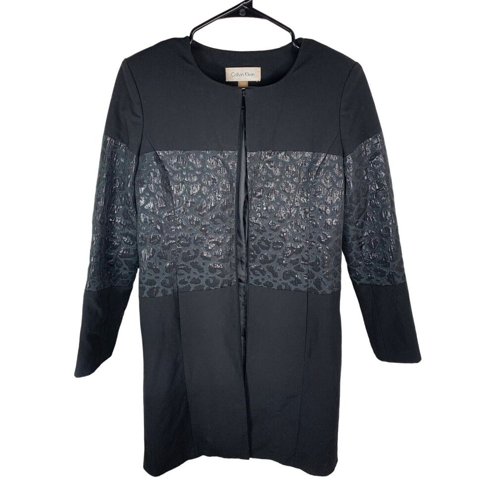 Calvin Klein Womens Black & Shimmering Leopard Print Long Jacket Size 4